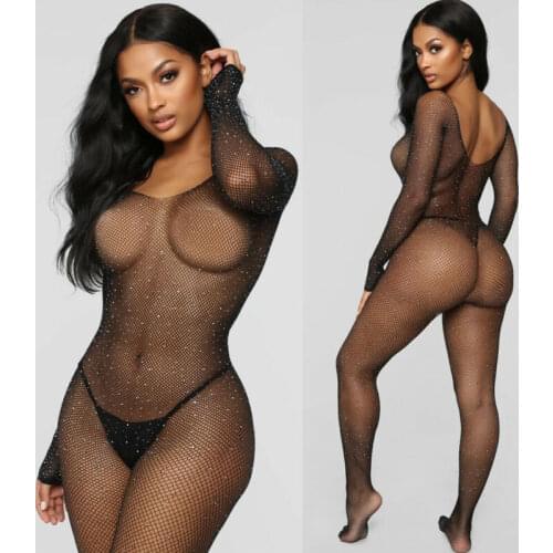 Fishnet Rhinestone Teddy Bodysuits Catsuit Sexy Lingerie Women Erotic Underwear Bodystockings Intimates Mesh