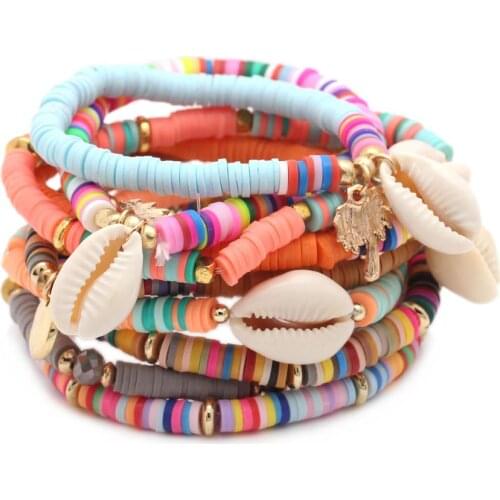 Boho Multicolor Polymer Clay Heishi Beads Cowrie Seashell Palm Charm Stretch Bracelet Women Sea Fans Conch Surf Jewelry Gift