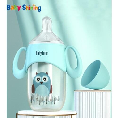 Baby Shining Baby Bottle PPSU 300ml BPA Free Wide Mouth Anti-throwing Straw Handle Newborn Anti-inflation Feeding Bottle