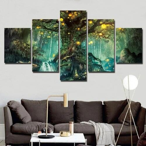 HD Printed 5 Piece Canvas Art Enchanted Tree Scenery Painting Wall Pictures for Living Room Home Decor