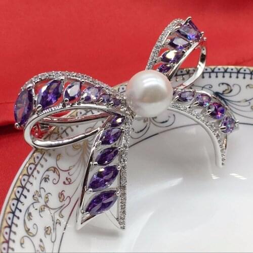 Micro zircon brooch purple bow pearl brooch pendant ladies zircon fluorescent pin women