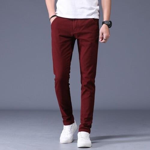 2021 Fashion Boutique Solid Color Trousers Mens Breathable Stretch Cotton Slim Straight Casual Pants Black Wine Red Gray Blue