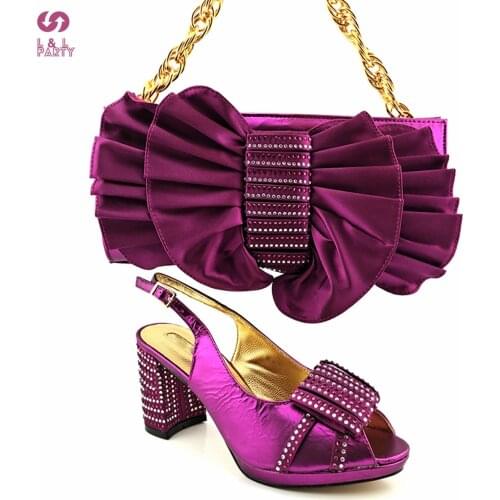 New Arrivals 2021 INS Hot Selling Italian Women Shoes and Bag Set in Purple Color High Quality Specials Design for Wedding Dress