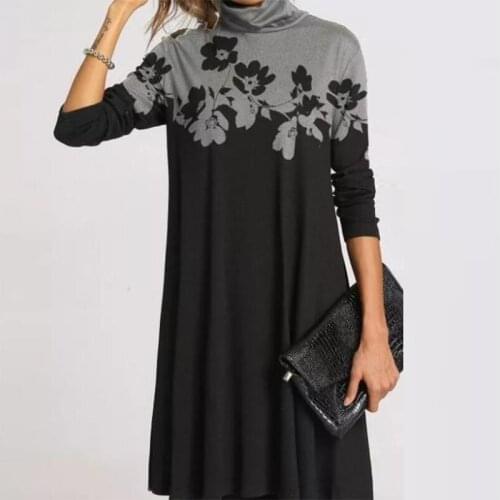 2020 Winter Turtleneck Warm Vintage Print Dress Women Autumn Elegant Long Sleeves Patchwork Dresses Female Casual Loose Vestidos