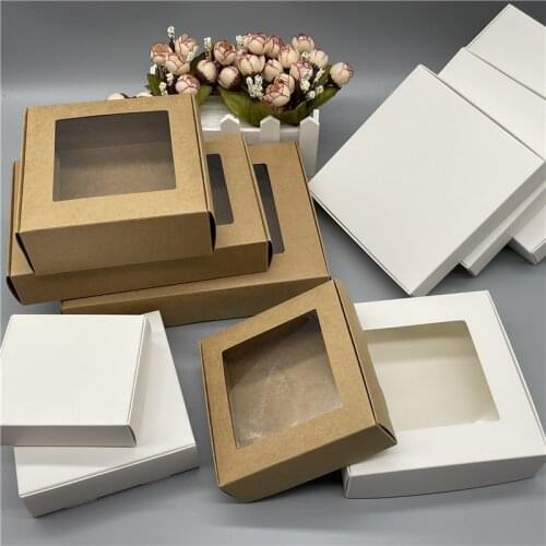 50Pcs Kraft Paper Candy Box Favor Gift Box PVC Clear Window Cookies Treats Boxes Christmas Wedding Party Supplies