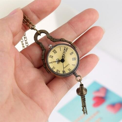 Transparent Ball Shape Bronze Pendant Pocket Watches Retro Accessory Fob Necklace Clock Gifts Unisex Roman Numeral Analog Dial