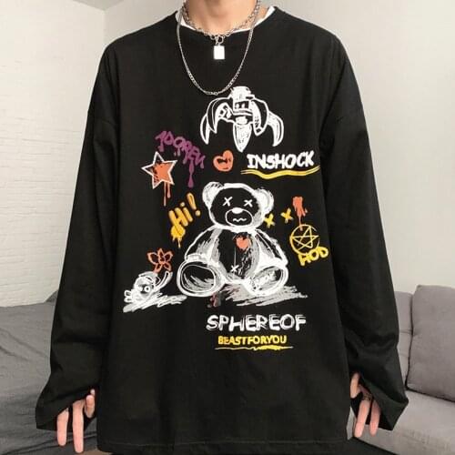 Harajuku Long Sleeve Pullover Streetwear Loose Anime Cartoon Print Kpop Vintage Black Punk Women T-Shirts Y2K Hip Hop Clothes