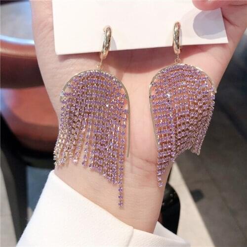 Exaggerated Purple Color Spark Rhinestone Dangle Earrings for Women Tassels Hanging Drop Earrings Party Jewelry