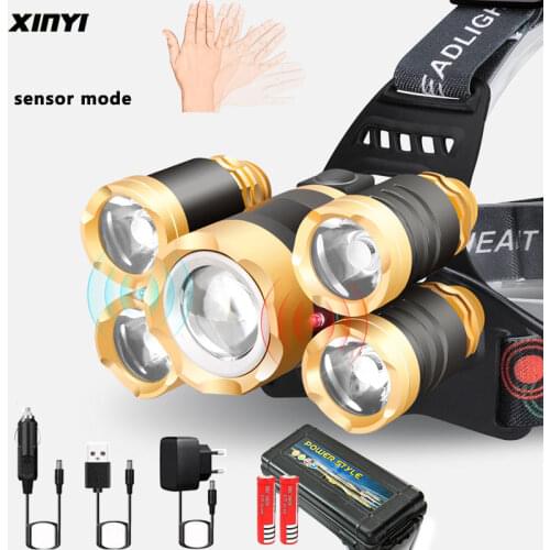Super Bright LED Headlamp with Sensor Headlight Waterproof Zoomable Use 2*18650 Battery Suitable for Expedition, Fishing, Etc
