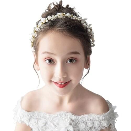 In Stock Girls Crown Rhinestone Pearls Wedding Flower Girl Tiara Headband Kids Party Crown Headpieces