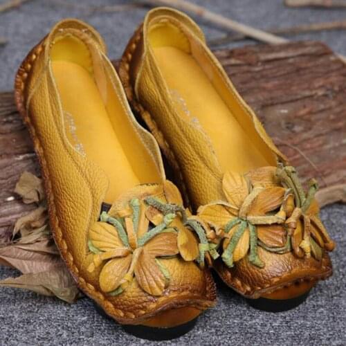 2020 Women Genuine Leather Shoes Flowers Handmade Shoes Womens Ballerina Flats Floral Soft Flats Bottom Casual Shoes Moccasins
