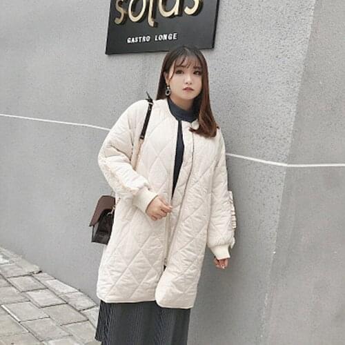 Authentic Fat mm Large Size Womens 2018 Winter New Baseball Collar Long Paragraph Ribbed Thick Cotton Clothes Loose Solid Color