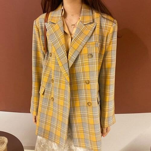 Female Long Sleeve Suit Jackets Stylish Ladies Blazersvintage Loose Women Plaid Blazer 2021 Autumn Chic Double Breasted