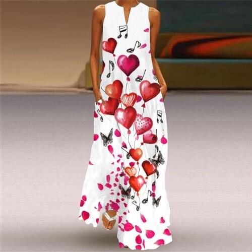 #Q4 Valentines Day Party Long Dress Women Sleeveless Love Balloon Print V-neck Maxi Dress Summer Pockets Dresses For Women