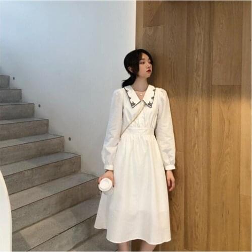 Women embroidery spring dress turn down collar pleated female casual dresses solid A line vestidos HC117