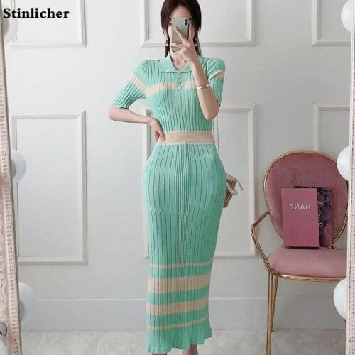 Korean style fashion striped sweater knit dress women short sleeve tight sheath pencil wrap dress ladies sexy long maxi dress
