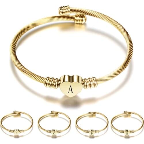 ZORCVENS Gold Color Stainless Steel Heart Shaped A-Z Letter Bracelet Bangle for Woman Dropshipping