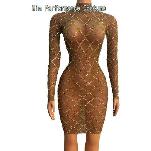 Gold Rhinestone Transparent Mesh Short Dress Women Dancer Singer Show Outfit Birthday Celebrate Prom Sexy Dress