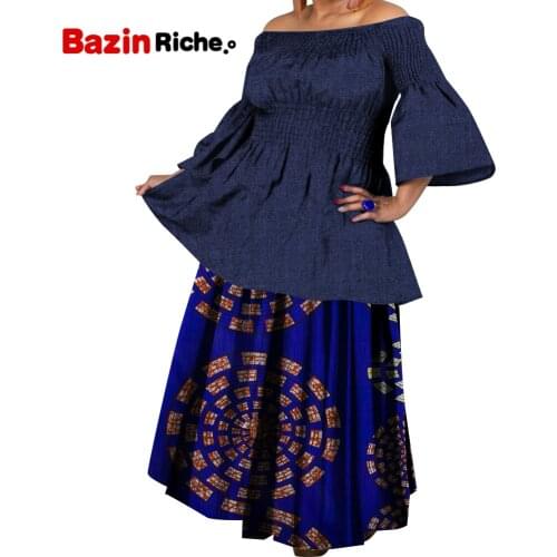 African Clothes For Women New Two Pcs Sets Slash Neck Flare Sleeve Skirt Suit Aolid Top And Print Dress Plus Size Custom WY1033