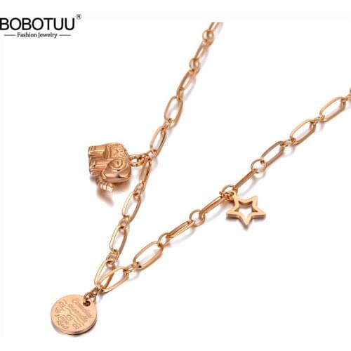 BOBOTUU Fashion Stainless Steel Elephant Star Charm Choker Necklace Bohemia Animal Pendant Chain Link Jewelry For Women BN20050