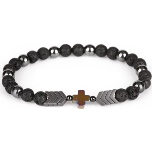 6mm Black Rough Rock Lava Mineral Stone Bead Alternate Hematite Tiny Arrow Cross Charm Beaded Bracelets For Woman Man Jewelry