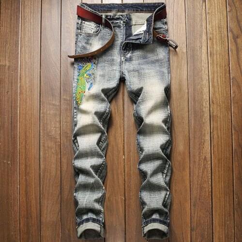 Men Tide Brand Denim Trend Retro Jeans Stretch Feet Pants Mens Regular Embroidered Thin Jeans