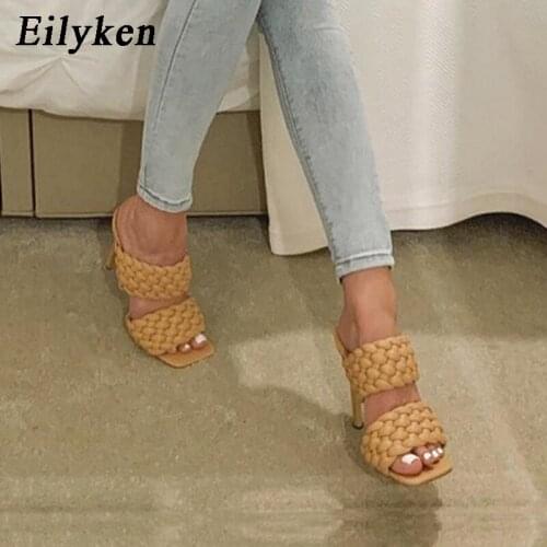 Eilyken New Design Weave PU Leather Square Toe Slides Women Slippers Fashion Thin High Heels Sandals Ladies Party Dress Shoes