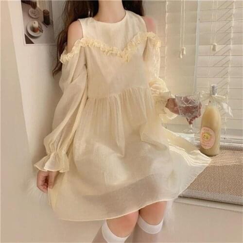 Elegant Sweet Soft Gilry Yellow Women Fairy Dress Autumn Off Shoulder Long Sleeves Preppy Style Loose Women Mid Party Dresses