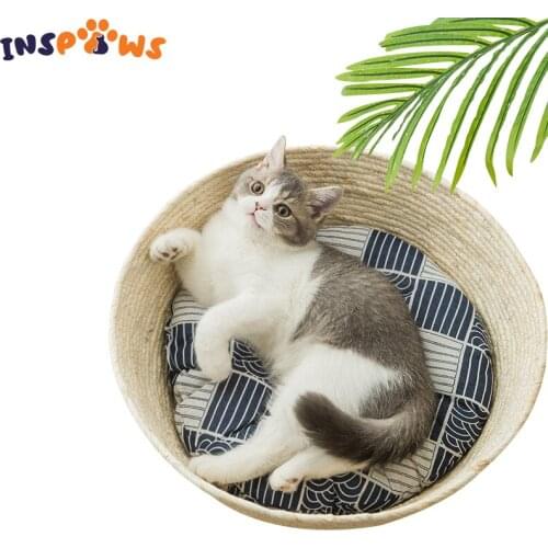 Round Cat Bed Basket Nest Woven Warm Medium Pet Bed Nesting Rest Cute Fun Scratcher Scratch Mat Pad Pet Nest Lounge Sofa Condo