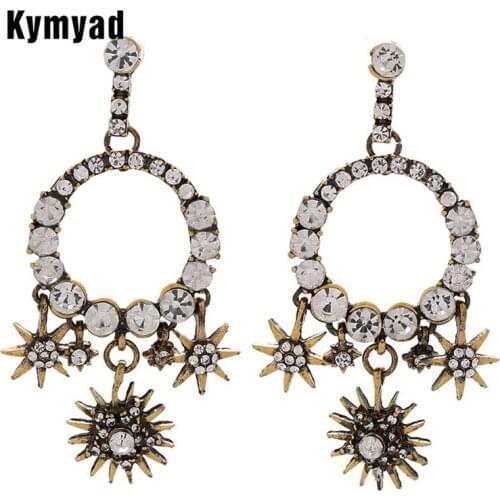 Kymyad Vintage Earrings Star Flower Long Earrings Crystal Drop Earings Fashion Jewelry Metal Retro Statement Earring Bijoux