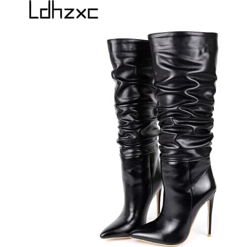 LDHZXC 2020 winter Knee High Women Boots patent leather Pointed Toe Fashion Long Boots Warm Autumn Winter Women Shoes Size 34-43