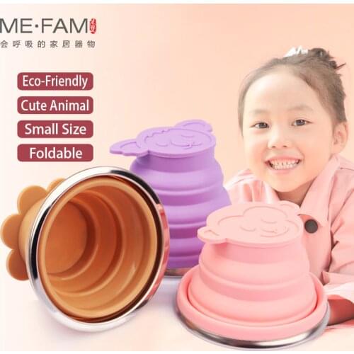 ME.FAM New Cute Cartoon Animal Stainless Steel Silicone Folding Cup With PE Cover Lid Outdoor Collapsible Travel Child Water Cup