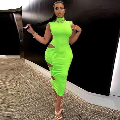 Fashion Sexy Sleeveless Long Skirt with Shoulder Pads and Side Holes Women Half High Neck Tight Dresses Female Clubwear Vestidos