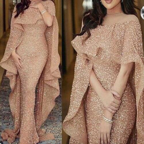 Muslim Arabic Mermaid Prom Dresses Ruffle Cape Glitter Fabric With Pearl Off Shoulder Long Dubai Party Evening Gowns 2019