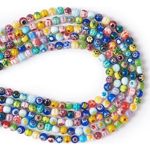 Pandahall 6mm Handmade Millefiori Glass Round Bead Strands for Jewelry Making DIY Mixed Color Hole: 1mm; about 67pcs/strand, 16"