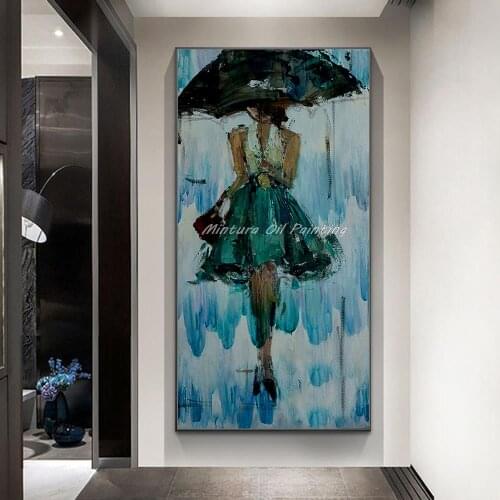 Handpainted Fashion Girl In The Rain Modern Oil Painting On Canvas Wall Art Wall Pictures For Living Room Home Decor