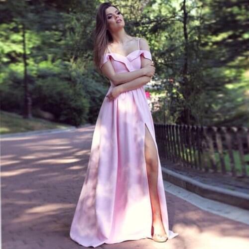 Blush Pink Off Shoulder Evening Dresses Spaghetti Straps Long Formal Party Gowns Simple Front Split Satin Evening Gowns