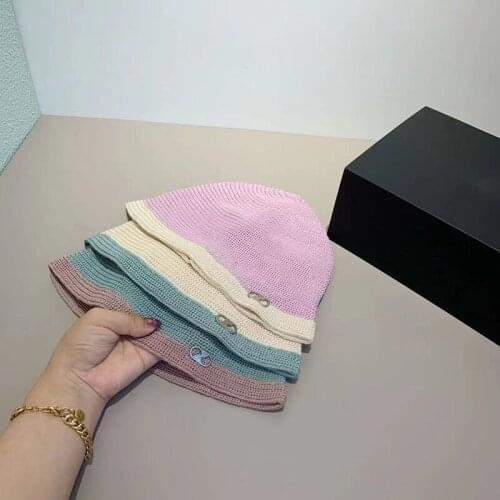 Korea Spring Summer Casual Knitted Beanies Women 4 Colors Foldable Sweet Spliced Color Beanie Hat Breathable Thin Bucket Hat