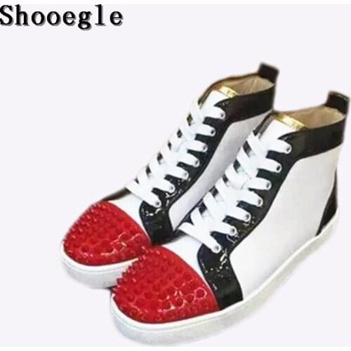 SHOOEGLE White Patchwork Rivets Men Shoes Fashion Studs Mens Hightop Sneakers Flat Casual Shoes Man Zapatillas Hombre Size 38-47