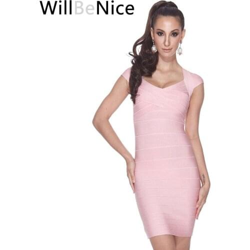 WillBeNice Light Pink 2019 New Sexy Womens Square Neck Celebrity Bandage Dress Bodycon Party Dress Womens Bandage Vestidos