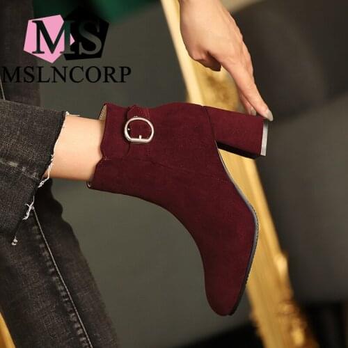 Plus Size 34-48 Boots Leather Women High Heels Boots Autumn Winter Retro Punk Women Boots Fashion Nubuck Leather Ankle Boots