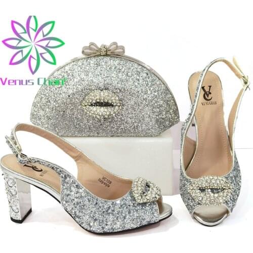 Nigerian 2021 New Italian Design Fashion Metal and Platform Style Silver Color High Heels Party Wedding Ladies Shoes and Bag Set