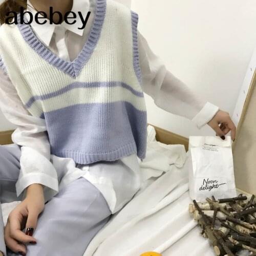 Harajuku casual camlisole female crop top 2020Autumn knitted V-neck loose striped color matching short pullover sweater vest