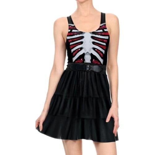 [You're My Secret] 2021 New Gothic 3D Skeleton A-Line Dress Summer Black One Piece Streetwear O-neck Sleeveless Pleated Dresses