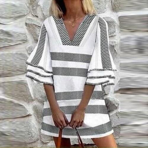 Spring V-Neck striped Vintage Mini Party Dress Women Flared Sleeve Casual Dresses Fashion Elegant Bohemian Summer Ladies Dress