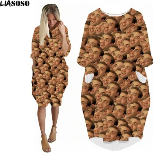 LIASOSO 3D Print Fashion Funny Winter Shirt Suit Rock Harajuku Women Anime Gown Nicolas Cage Girls Clothing Long-sleeved Dress