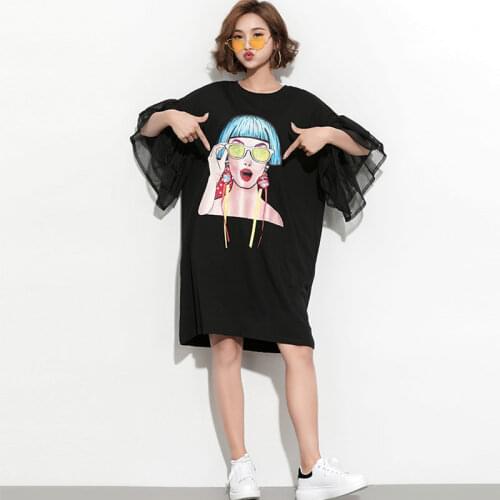 #1612 Black Long T Shirt Dress Women Mesh Flare Sleeves Cartoon Girls Harajuku T Shirt Dress Woman Cotton Loose Tassel Summer