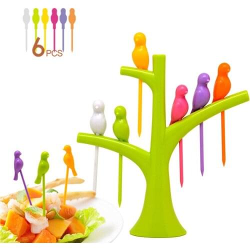 6 pcs Stand Birds Tree Shape Fruits Fork Plastic Vegetable Fork Fruit Snack Dessert Forks Holder For Party forks and spoon set