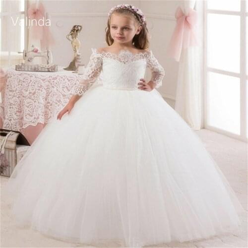 Lace Sleeves Ball Gown Flower Girl Dresses for Photography Birthday Party Pageant Dress