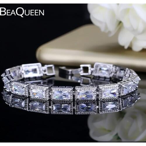BeaQueen Luxury CZ Crystal Bridal Bracelet Top Quality Big Cubic Zircon Stone Paved Wedding Bracelets Bangles for Women B102